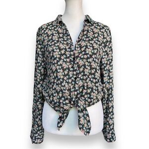 TOPSHOP Black Floral and Polkadot Print Long Sleeve Button Down Blouse | Size 2